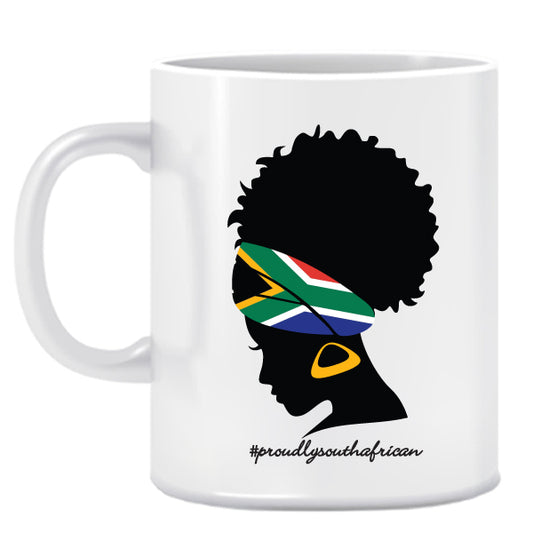 White mug with a silhouette of a person wearing a South African flag headband and '#proudlysouthafrican' text.