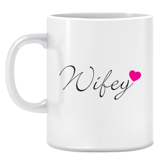 White mug with 'Wifey' and a heart on a white background